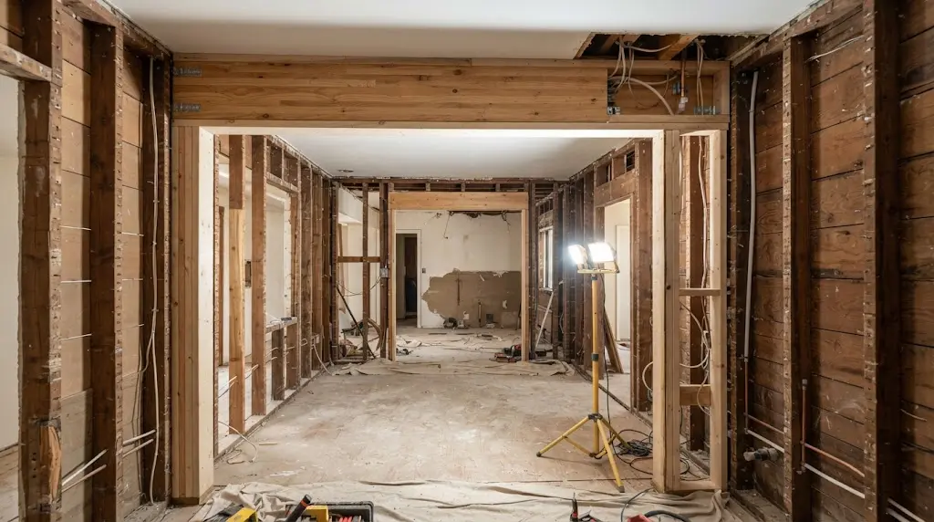 Interior renovation in progress, open walls and new layout taking shape