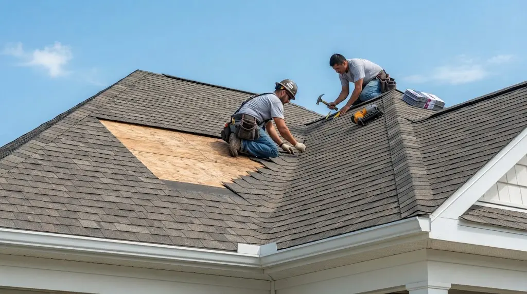 Professional repair work in progress on a residential roofline